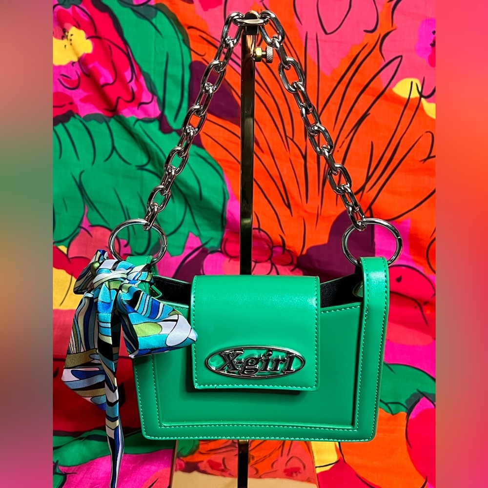 Vibrant Green Vegan Leather Satchel with Chain Strap NWOT